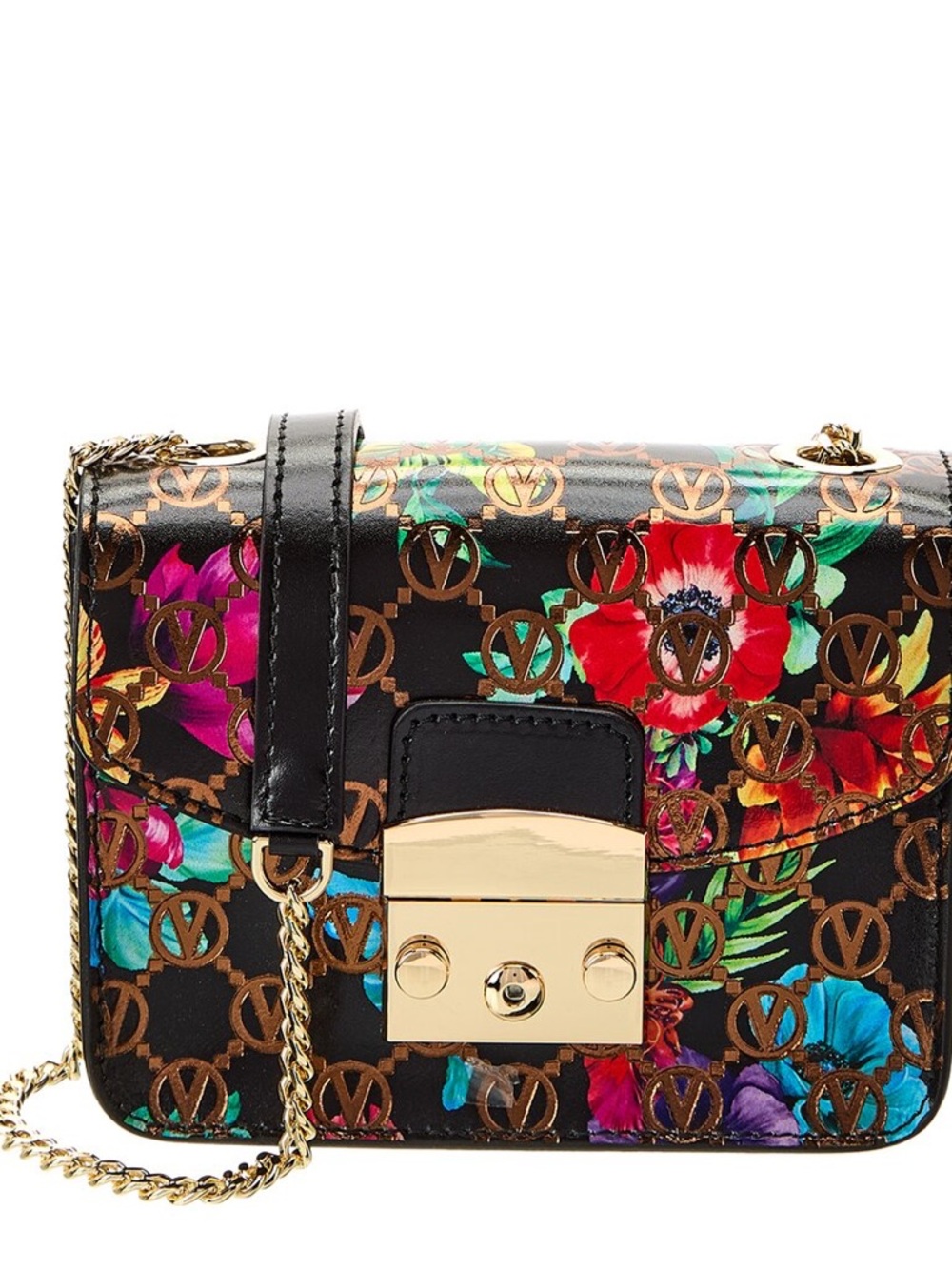 Mario Valentino  Black Floral Monogram Chain Crossbody Bag